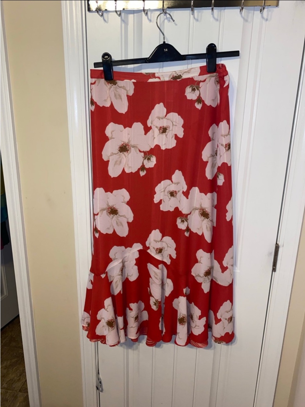 Red Floral Midi Skirt with Ruffle Hem